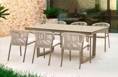 Salon jardin à manger table rectangulaire 200cm 6 fauteuils imit. BOIS tissus beige