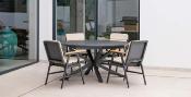 Salon jardin à manger 1 table ronde 6 fauteuils structure anthracite tissus beige clair