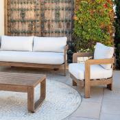 Salon jardin 5 places Sofa 3 places 2 fauteuils table 110x60x41 imit BOIS tissus beige clair