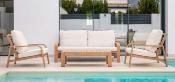 Salon jardin 5 places Sofa 3 places 2 fauteuil table 122.5x60x36 façon bois tissus beige clair