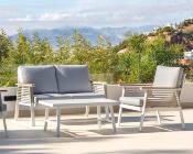 Salon jardin 4 places Sofa 2 places 2 fauteuils structure blanche tissus gris