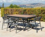 Salon jardin à manger 1 table extensible 180-200cm 6 fauteuils anthracite bois tissus gris